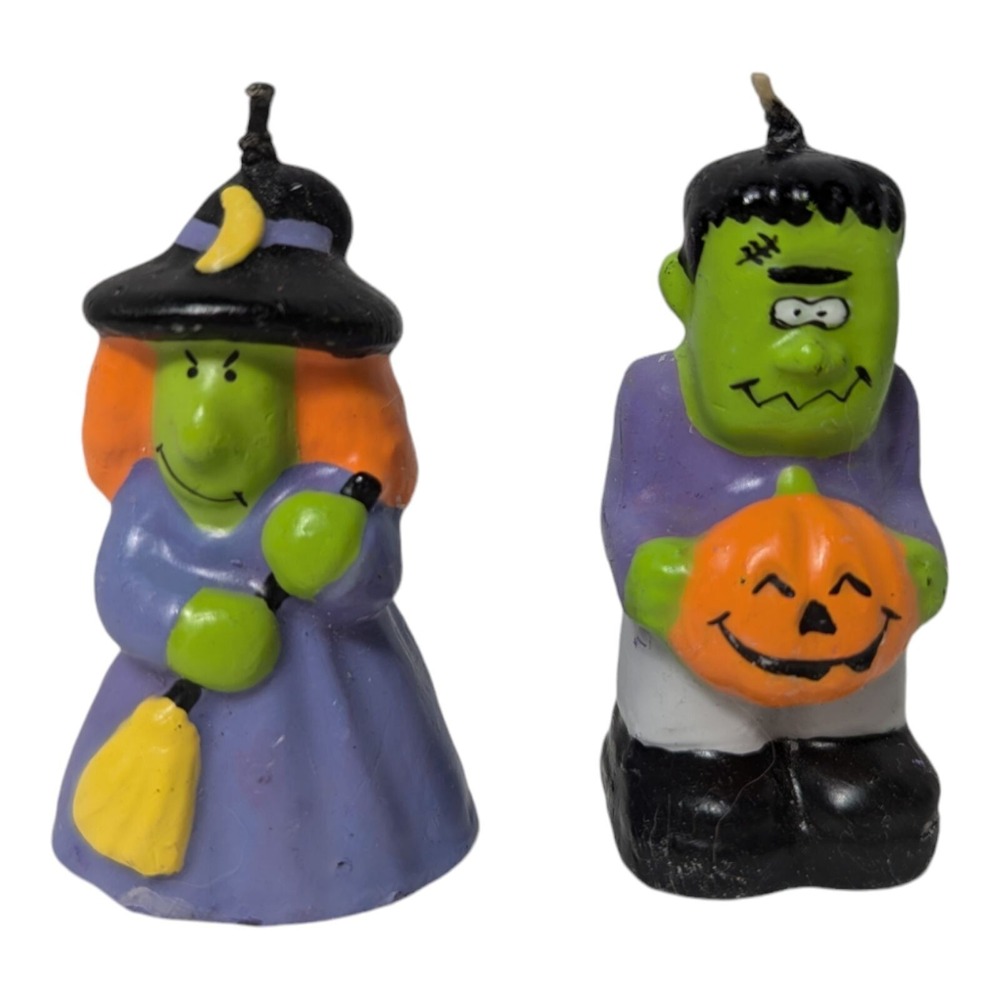 Avon Trick or Treet Halloween candle Witch and‎ Frankensteins Monster 3 inch vtg